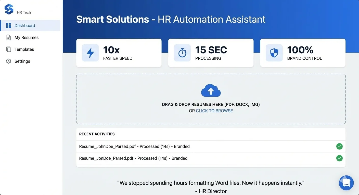 The main HR AI Assistant dashboard — metrics 10× / 15 sec / 100% Brand Control and drag-and-drop resume upload