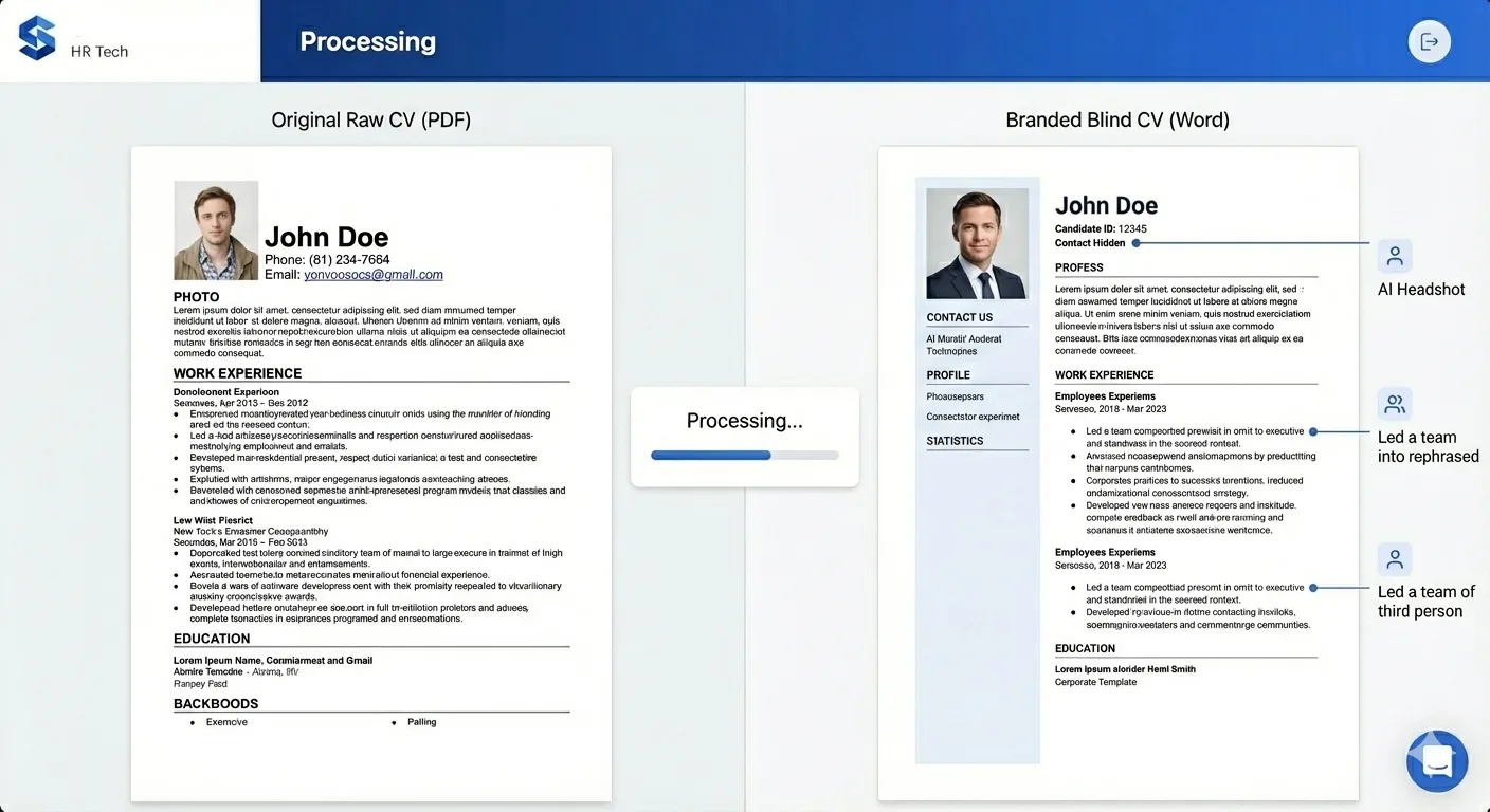 Resume processing flow: raw PDF on the left, finished Blind CV on the right with AI Headshot and hidden contacts