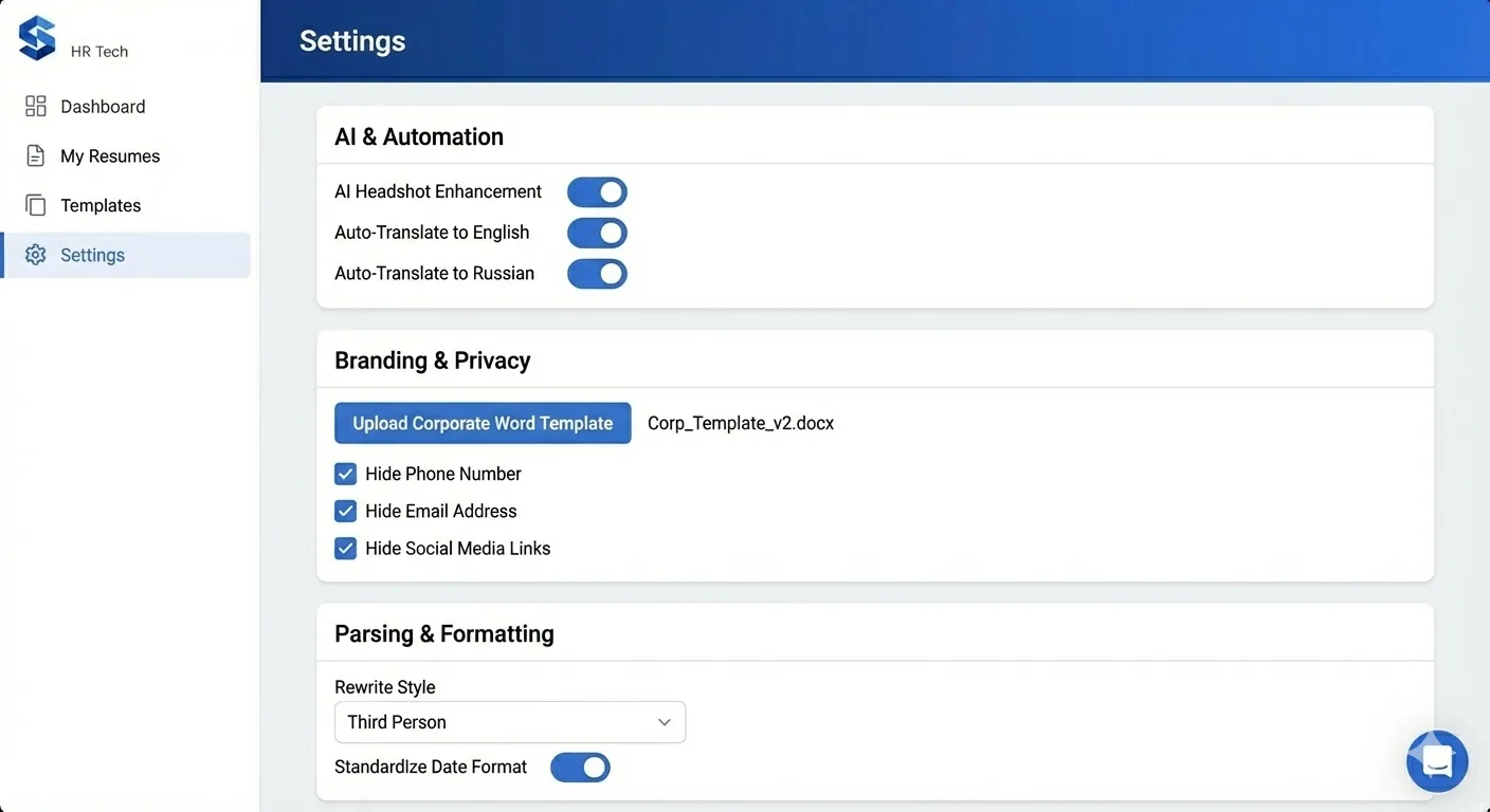 HR AI Assistant settings panel — control AI features, branding and parsing parameters