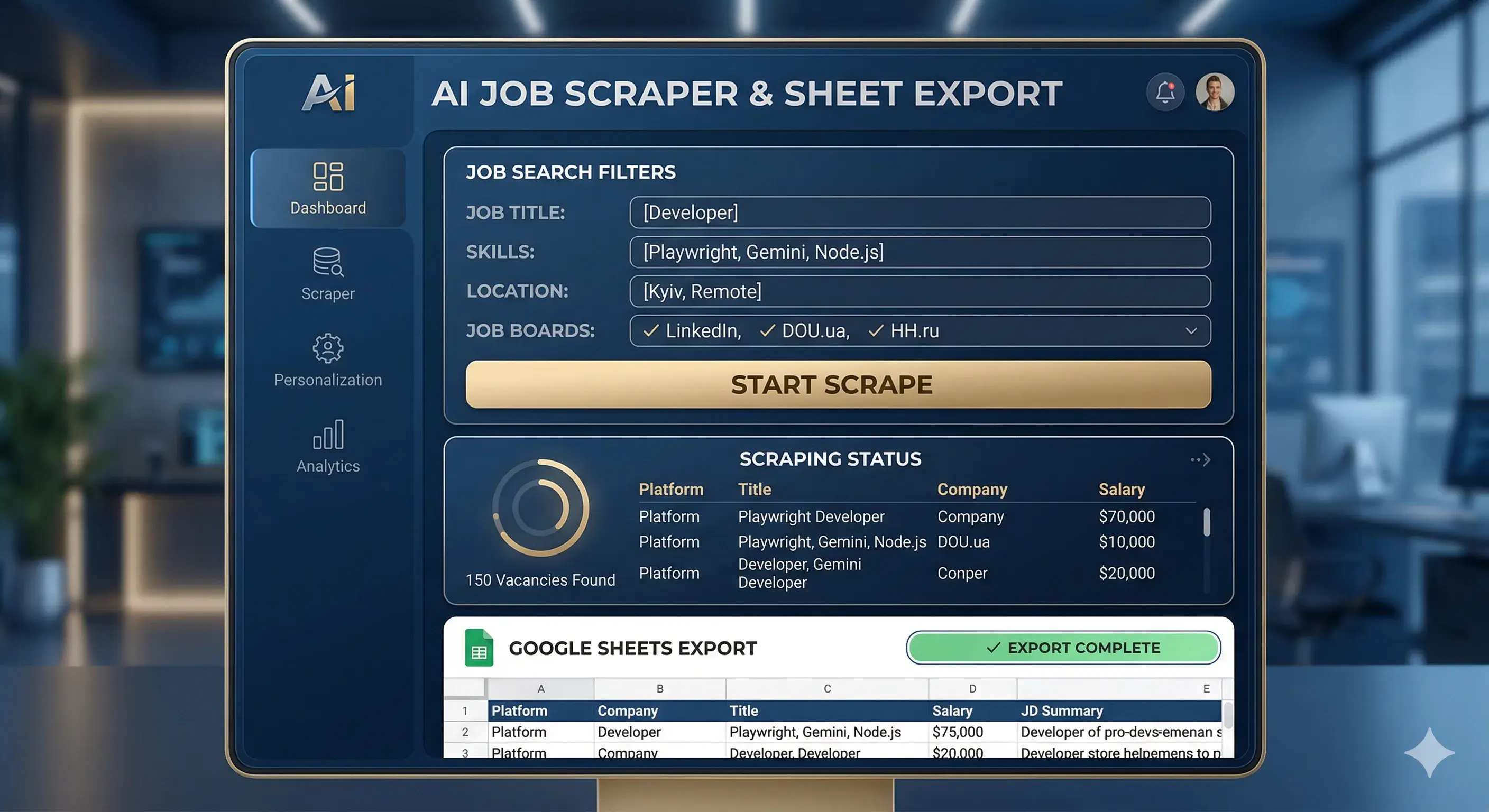 Scraper control panel and Google Sheets export