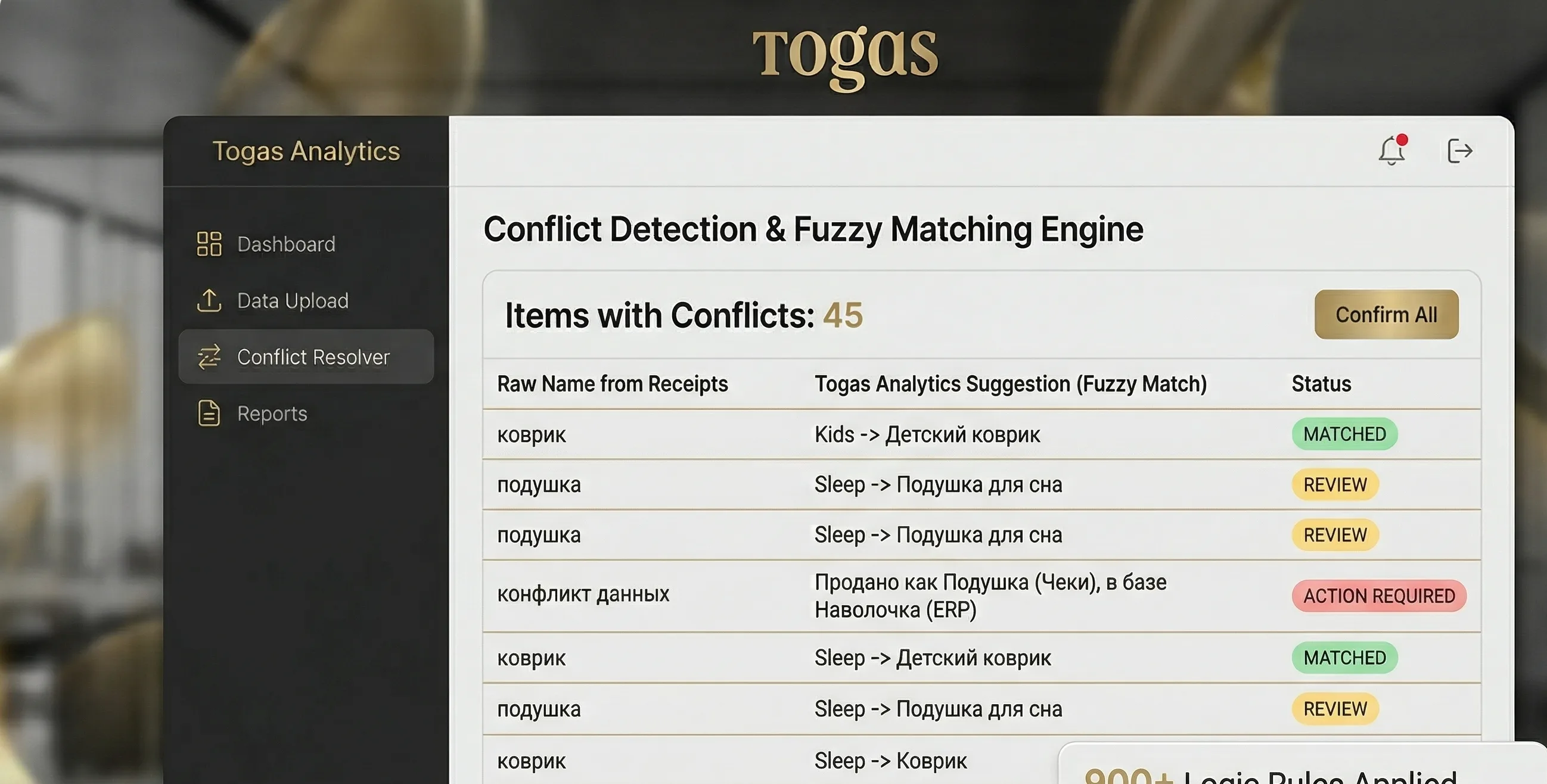 Togas Analytics AI module settings — Gemini Pro logic management and SKU parsing rules