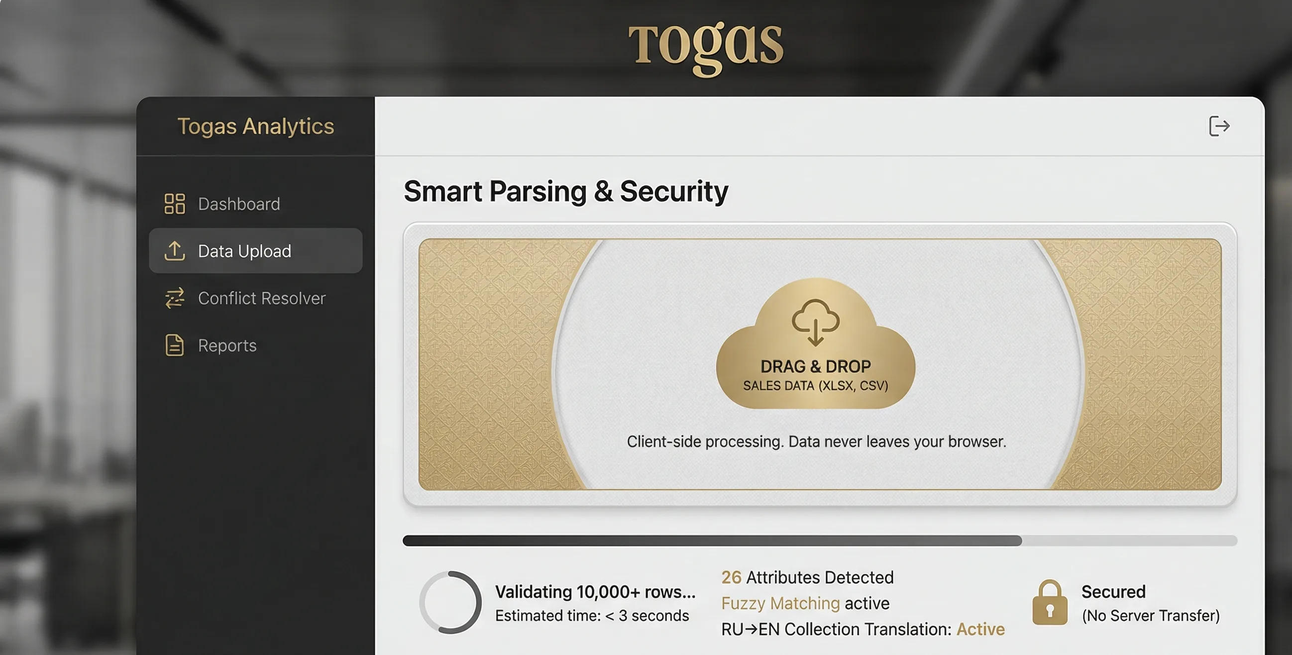 Excel file upload interface in Togas Analytics system — drag-and-drop zone for Master Data export